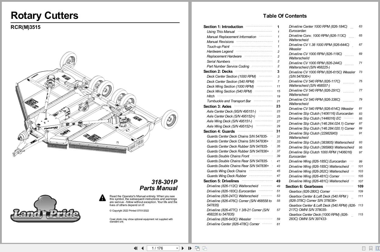 Land Pride Rotary Cutters RCRM3515 RCR3515 Parts Manual 318 301P (1)