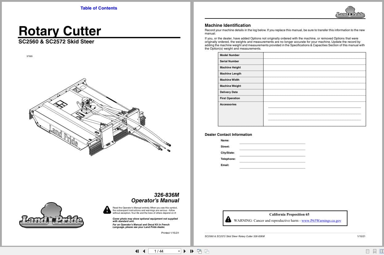 Land Pride Rotary Cutters Skid Steer SC2560 SC2572 Operation Manual 326 836M (1)