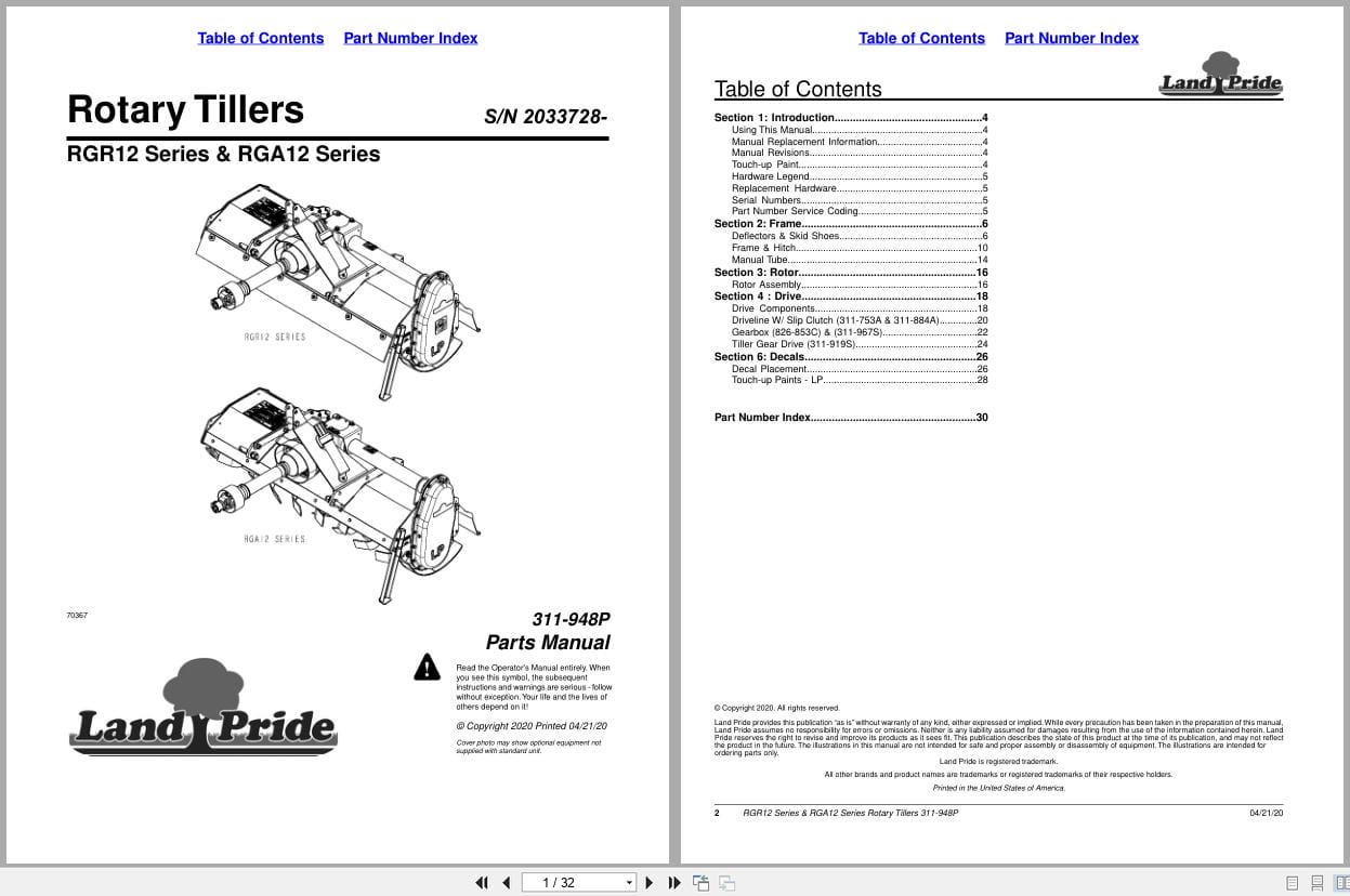 Land Pride Rotary Tillers RGR12 RGA12 Series Parts Manual 311 948P (1)