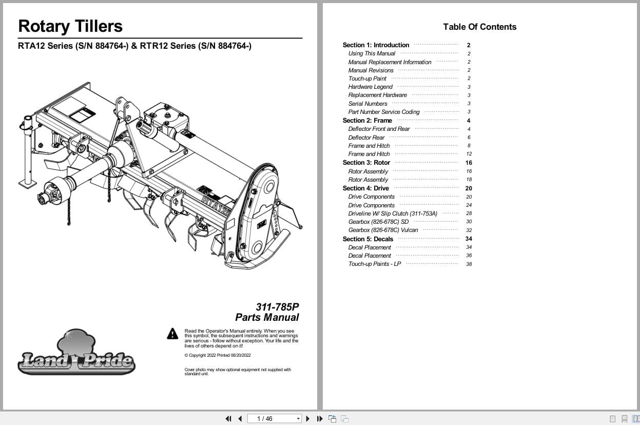 Land Pride Rotary Tillers RTA12 RTR12 Series Parts Manual 311 785P (1)