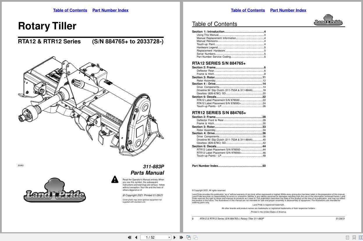 Land Pride Rotary Tillers RTA12 RTR12 Series Parts Manual 311 883P (1)