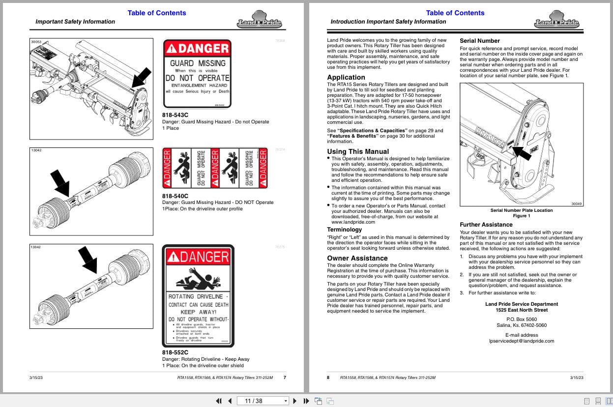 Land Pride Rotary Tillers RTA1558 RTA1566 RTA1574 Operator Manual 311 252M (2)