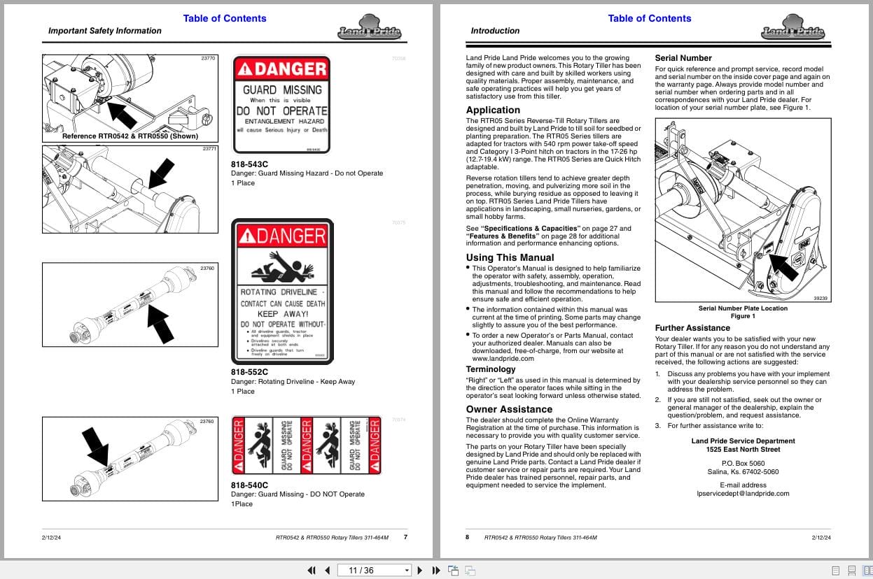 Land Pride Rotary Tillers RTR0542 RTR0550 Operation Manual 311 464M (2)