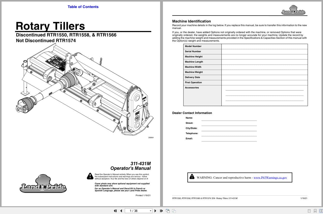 Land Pride Rotary Tillers RTR1550 RTR1558 RTR1566 RTR1574 Operation Manual 311 431M (1)