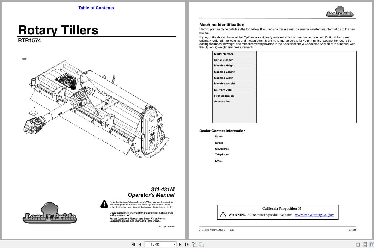 Land Pride Rotary Tillers RTR1574 Operation Manual 311 431M (1)