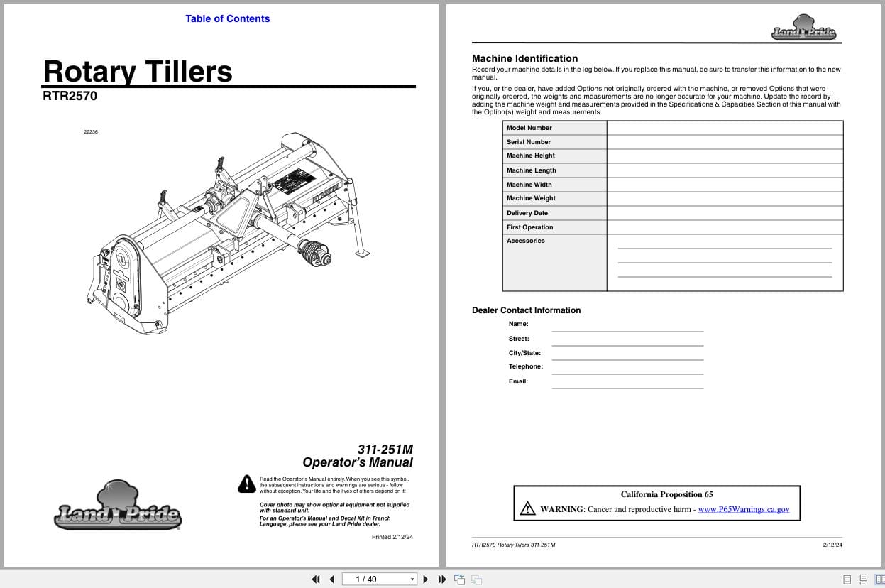Land Pride Rotary Tillers RTR2570 Operation Manual 311 251M (1)