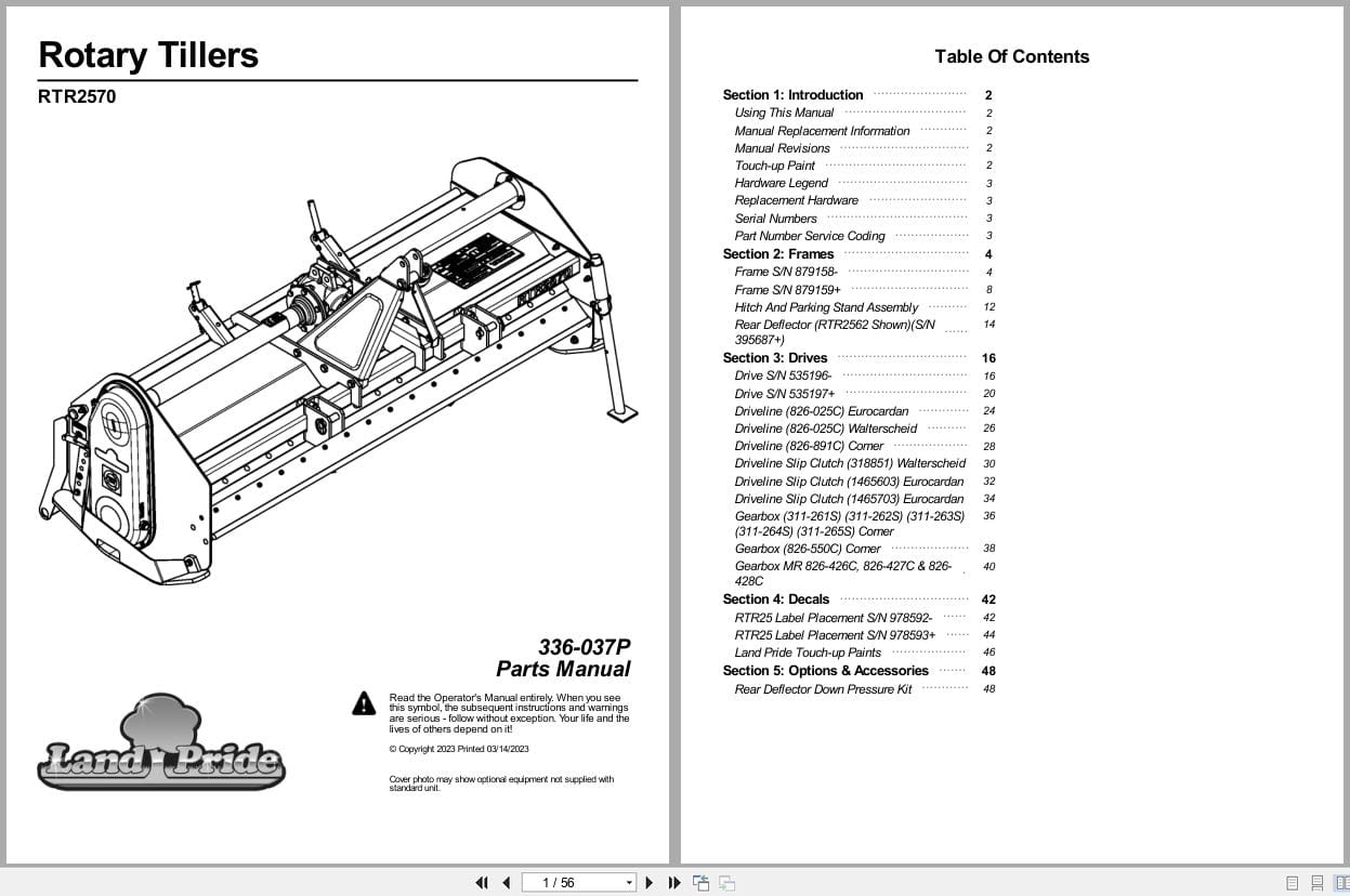 Land Pride Rotary Tillers RTR2570 Parts Manual 336 037P (1)