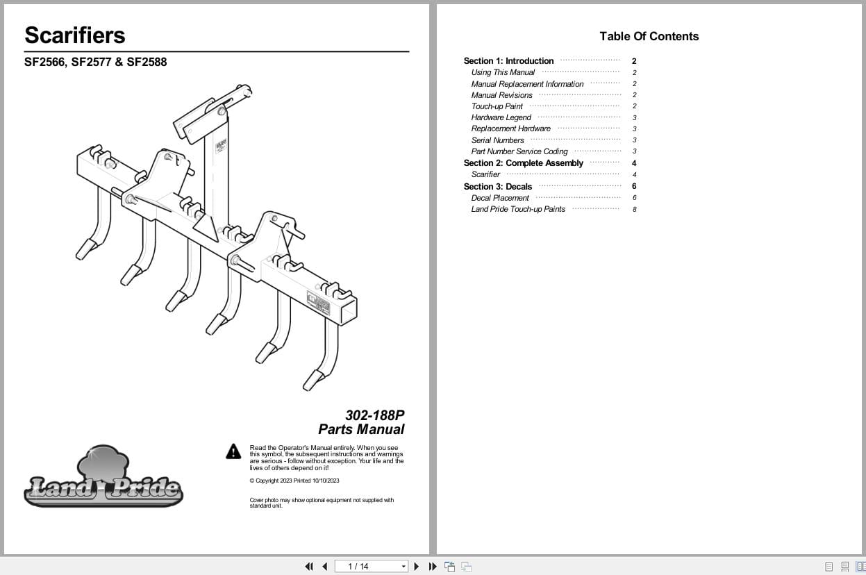 Land Pride Scarifier SF2566 SF2577 SF2588 Parts Manual 302 188P (1)