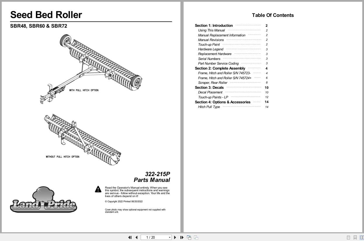 Land Pride Seed Bed Roller SBR48 SBR60 SBR72 Parts Manual 322 215P (1)