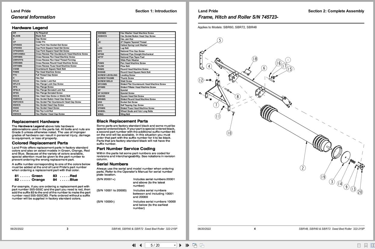 Land Pride Seed Bed Roller SBR48 SBR60 SBR72 Parts Manual 322 215P (2)