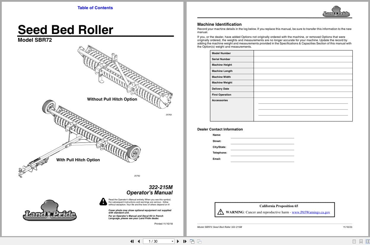 Land Pride Seed Bed Roller SBR72 Operation Manual 322 215M (1)