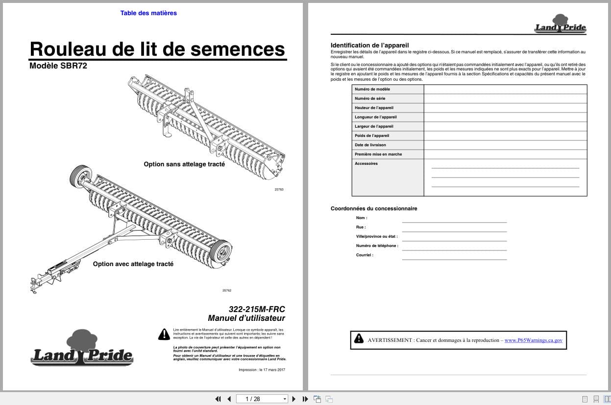 Land Pride Seed Bed Roller SBR72 Operator Manual 322 215M FRC FR (1)