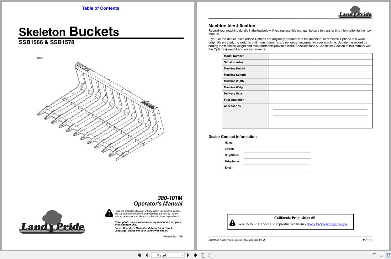 Land Pride Skeleton Buckets SSB1566 SSB1578 Operation Manual 380 101M (1)