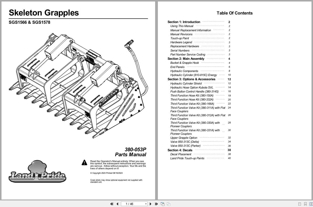 Land Pride Skeleton Grapples SGS1566 SGS1578 Parts Manual 380 053P (1)