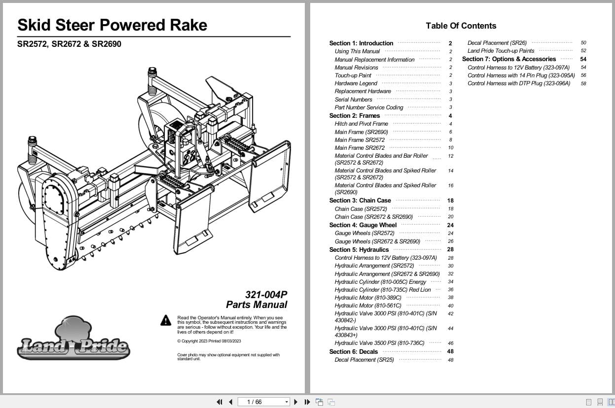 Land Pride Skid Steer Powered Rakes SR2572 SR2672 SR2690 Parts Manual 321 004P (1)