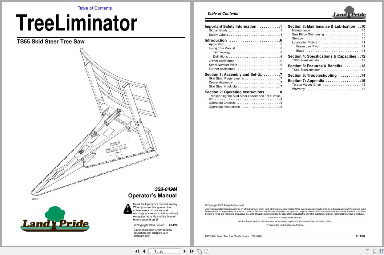 Land Pride Skid Steer Tree Saw TreeLiminator TS55 Operation Manual 328 049M (1)