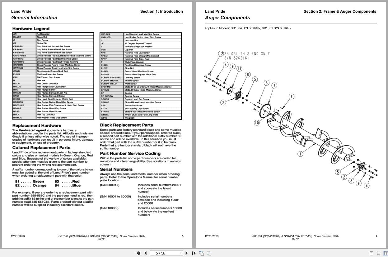 Land Pride Snow Blower SB1051 SB1064 Parts Manual 370 027P (2)