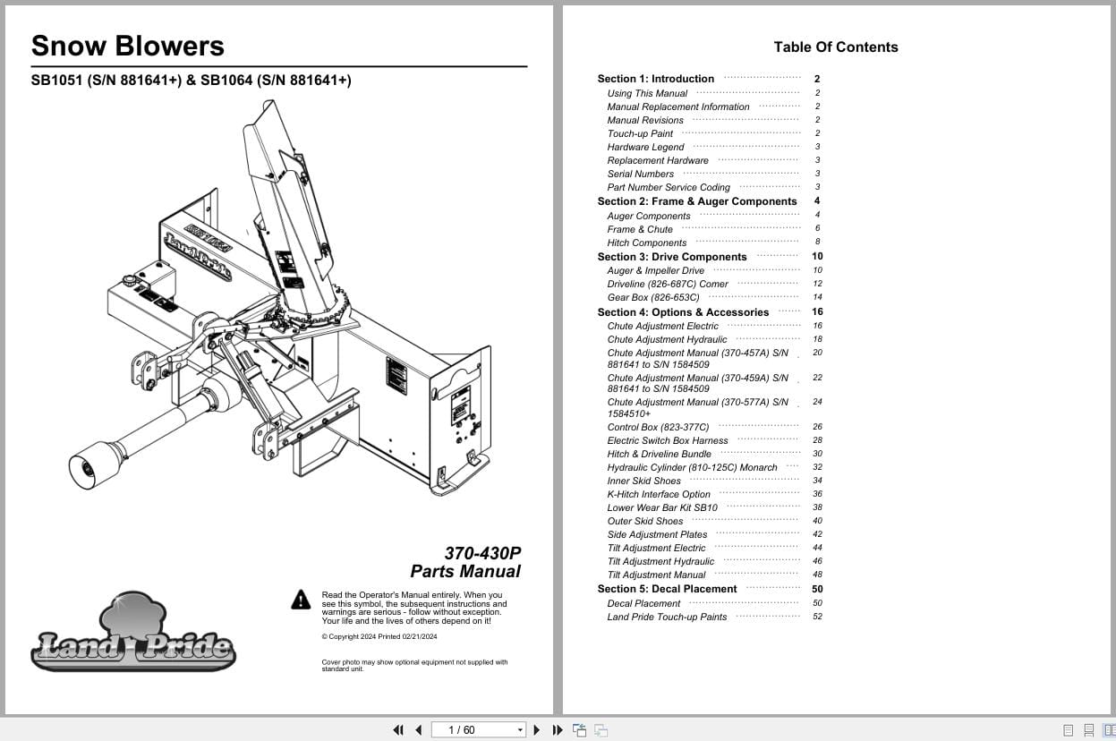 Land Pride Snow Blower SB1051 SB1064 Parts Manual 370 430P (1)