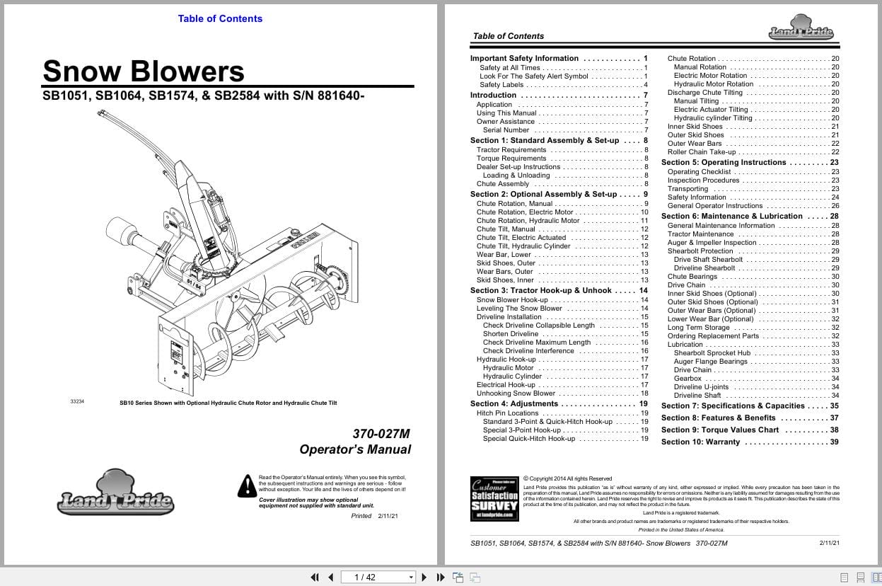 Land Pride Snow Blower SB1051 SB1064 SB1574 SB2584 Operation Manual 370 027M (1)