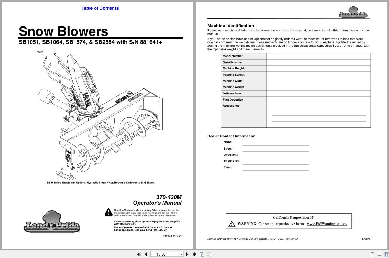 Land Pride Snow Blower SB1051 SB1064 SB1574 SB2584 Operation Manual 370 430M (1)