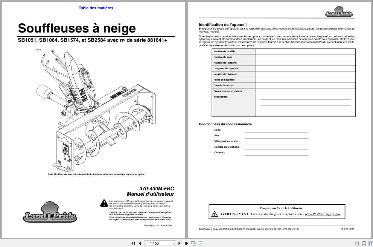 Land Pride Snow Blower SB1051 SB1064 SB1574 SB2584 Operator Manual 370 430M FRC FR (1)