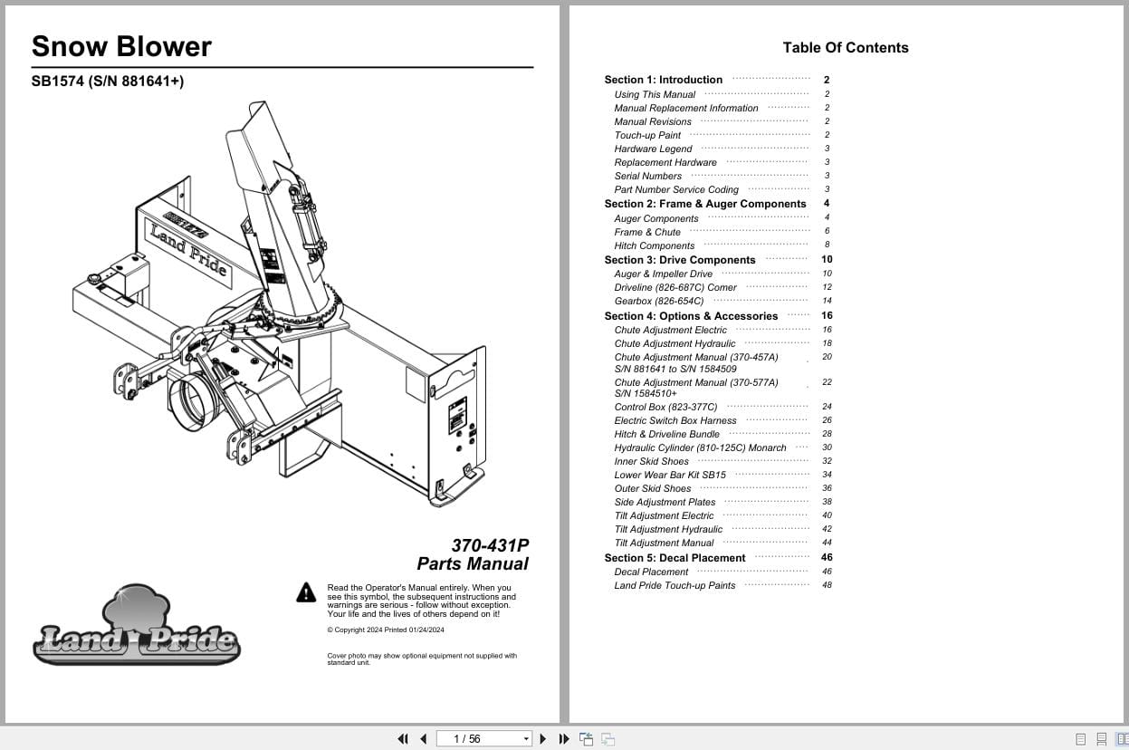 Land Pride Snow Blower SB1574 Parts Manual 370 431P (1)