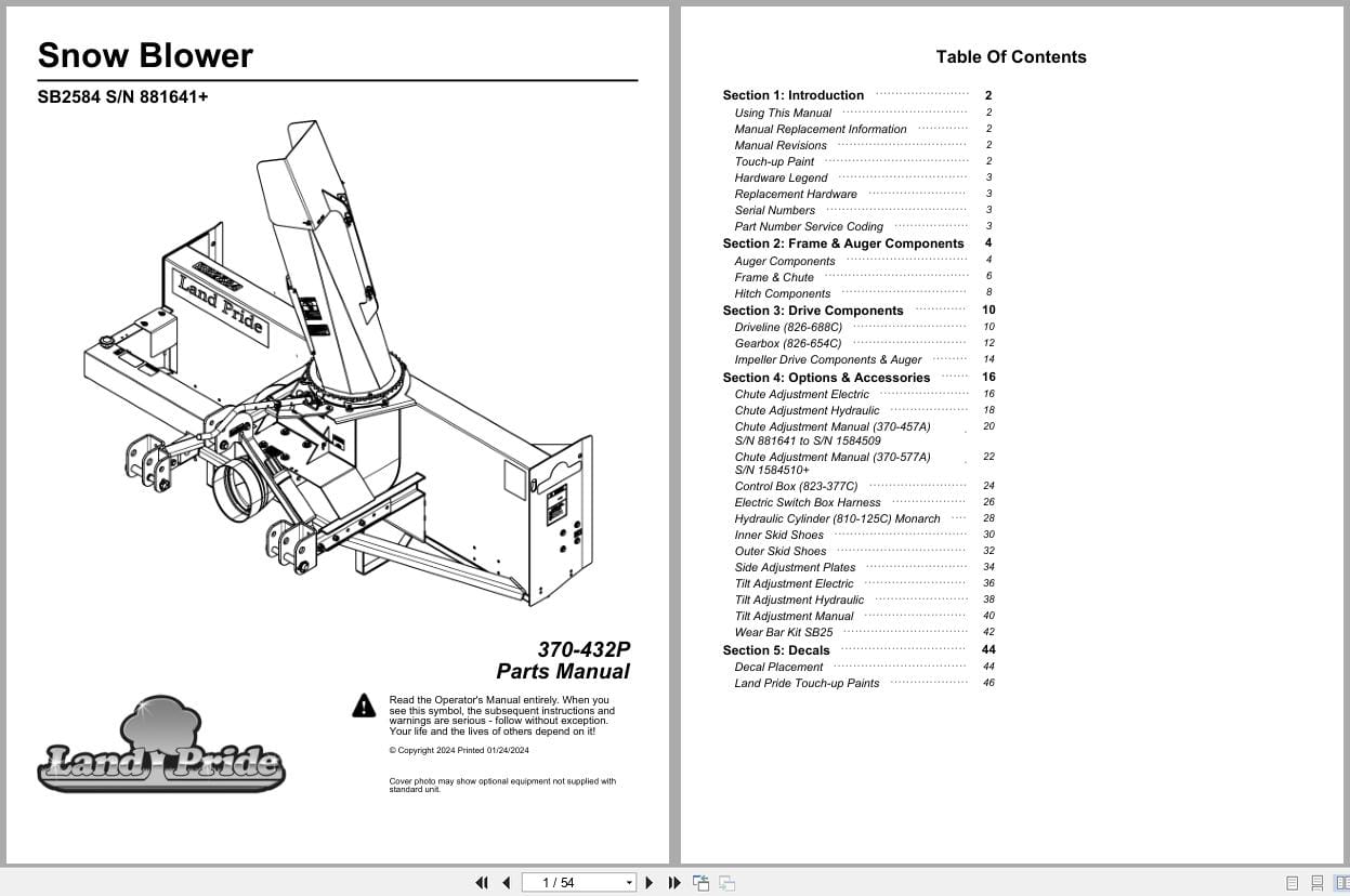 Land Pride Snow Blower SB2584 Parts Manual 370 432P (1)