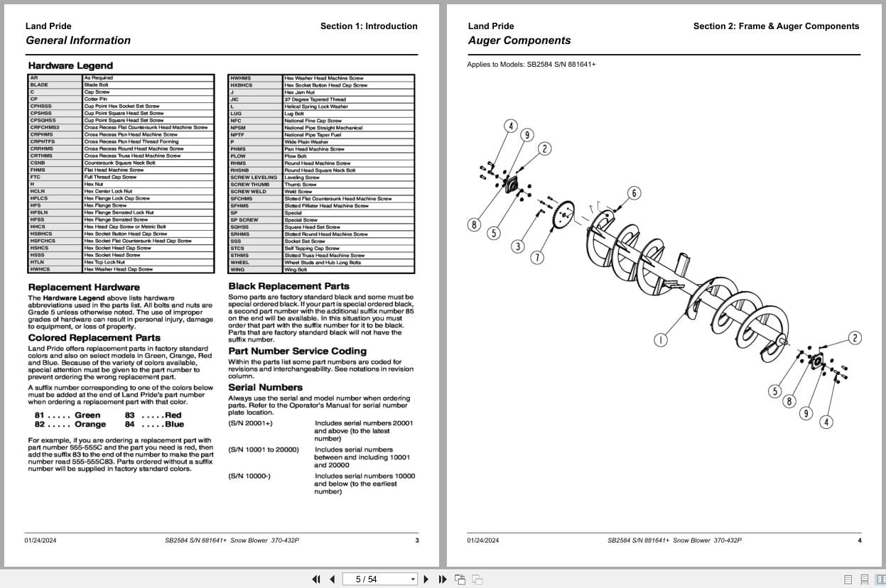 Land Pride Snow Blower SB2584 Parts Manual 370 432P (2)
