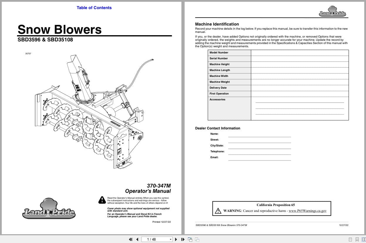 Land Pride Snow Blower SBD3596 SBD35108 Operation Manual 370 347M (1)