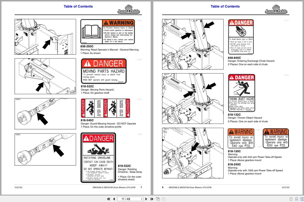 Land Pride Snow Blower SBD3596 SBD35108 Operation Manual 370 347M (2)