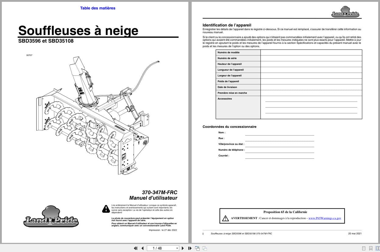 Land Pride Snow Blower SBD3596 SBD35108 Operator Manual 370 347M FRC FR (1)