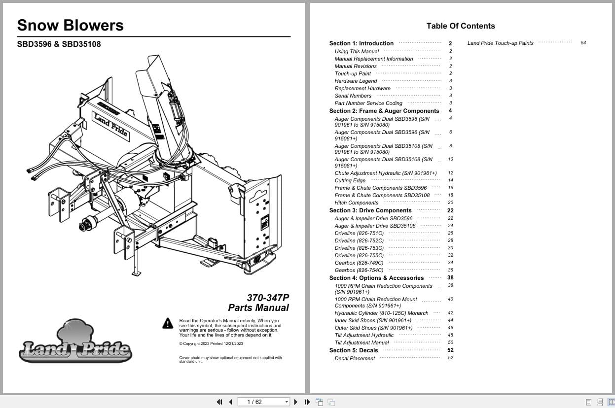 Land Pride Snow Blower SBD3596 SBD35108 Parts Manual 370 347P (1)