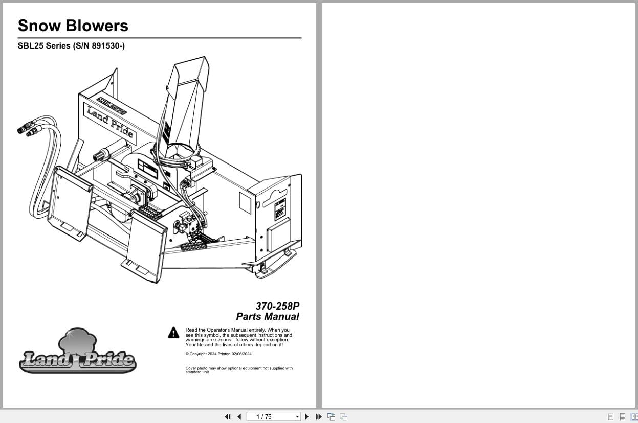 Land Pride Snow Blower SBL25 Series Parts Manual 370 258P (1)