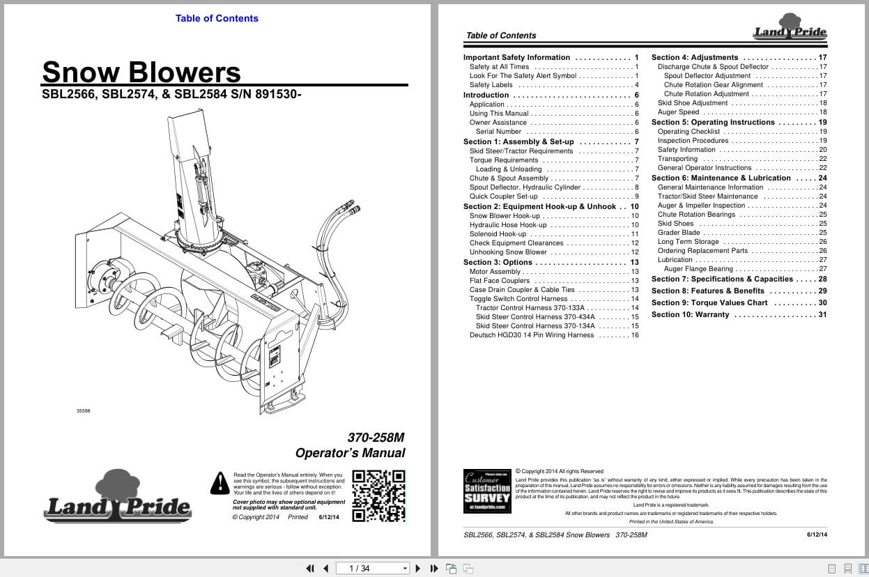 Land Pride Snow Blower SBL2566 SBL2574 SBL2584 Operation Manual 370 258M (1)