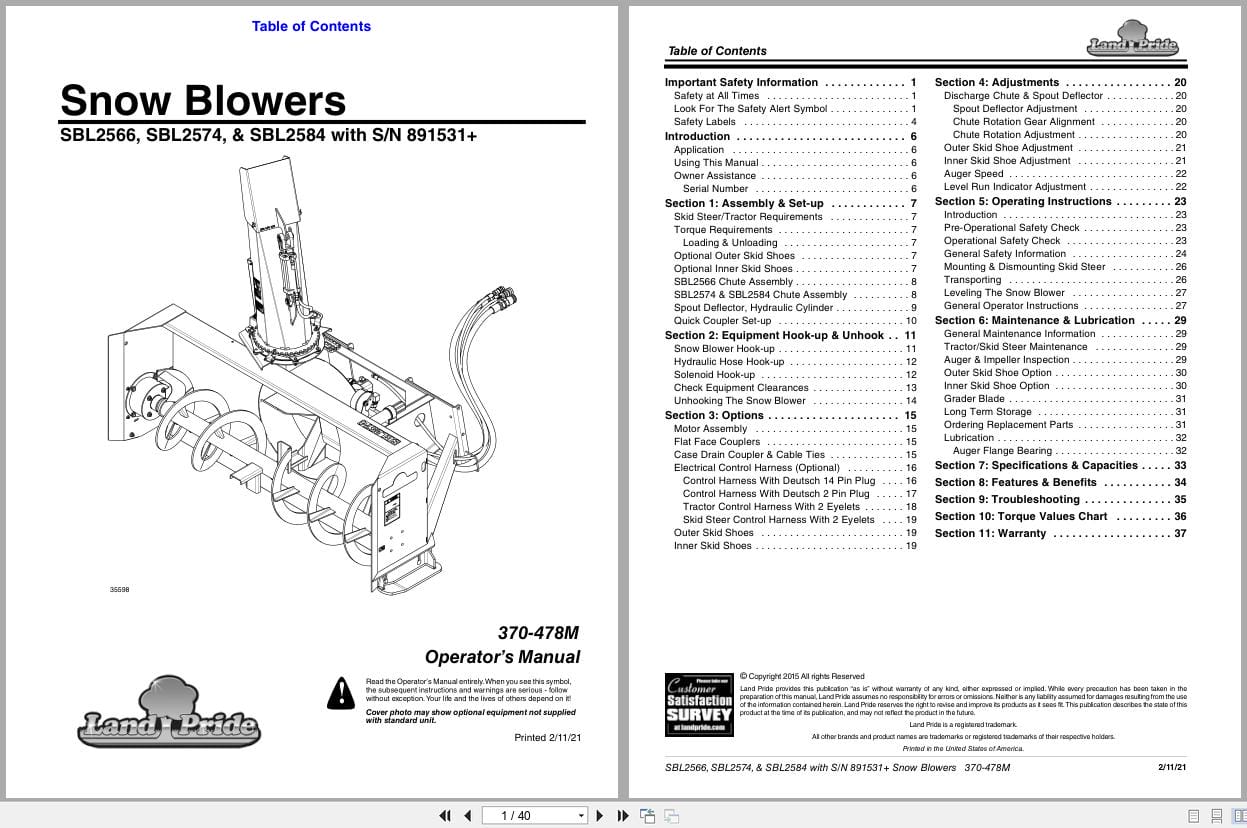 Land Pride Snow Blower SBL2566 SBL2574 SBL2584 Operation Manual 370 478M (1)