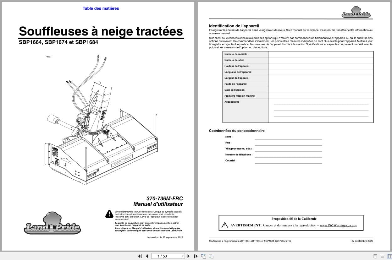 Land Pride Snow Blower SBP1664 SBP1674 SBP1684 Operator Manual 370 736M FRC FR (1)