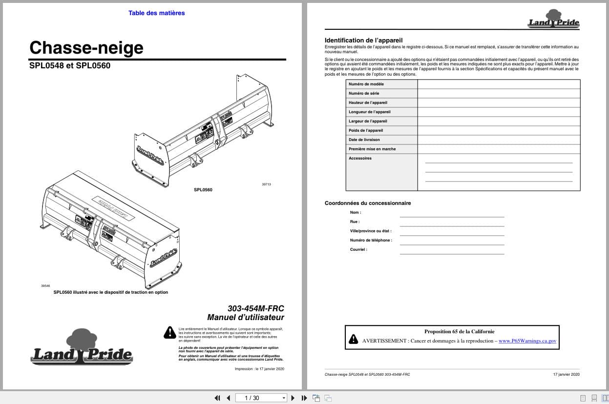 Land Pride Snow Pusher SPL0548 SPL0560 Operator Manual 303 454M FRC FR (1)