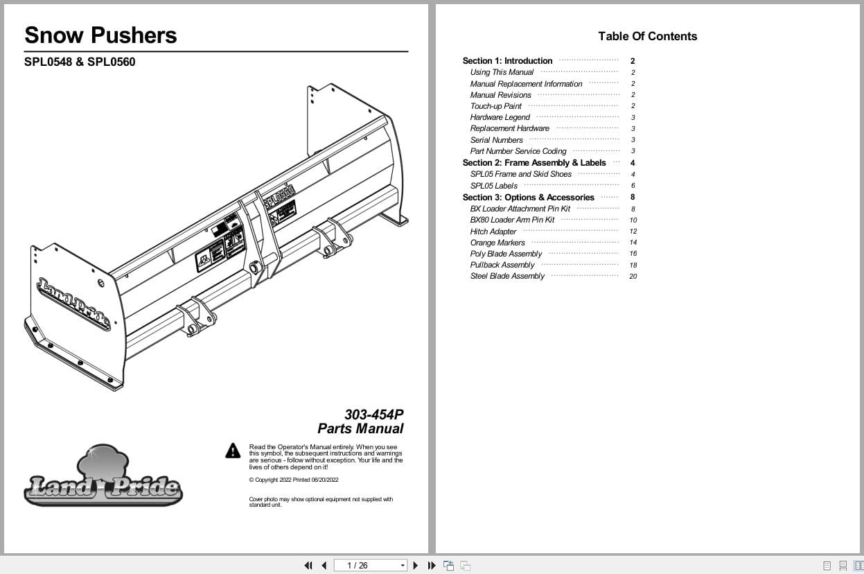 Land Pride Snow Pusher SPL0548 SPL0560 Parts Manual 303 454P (1)