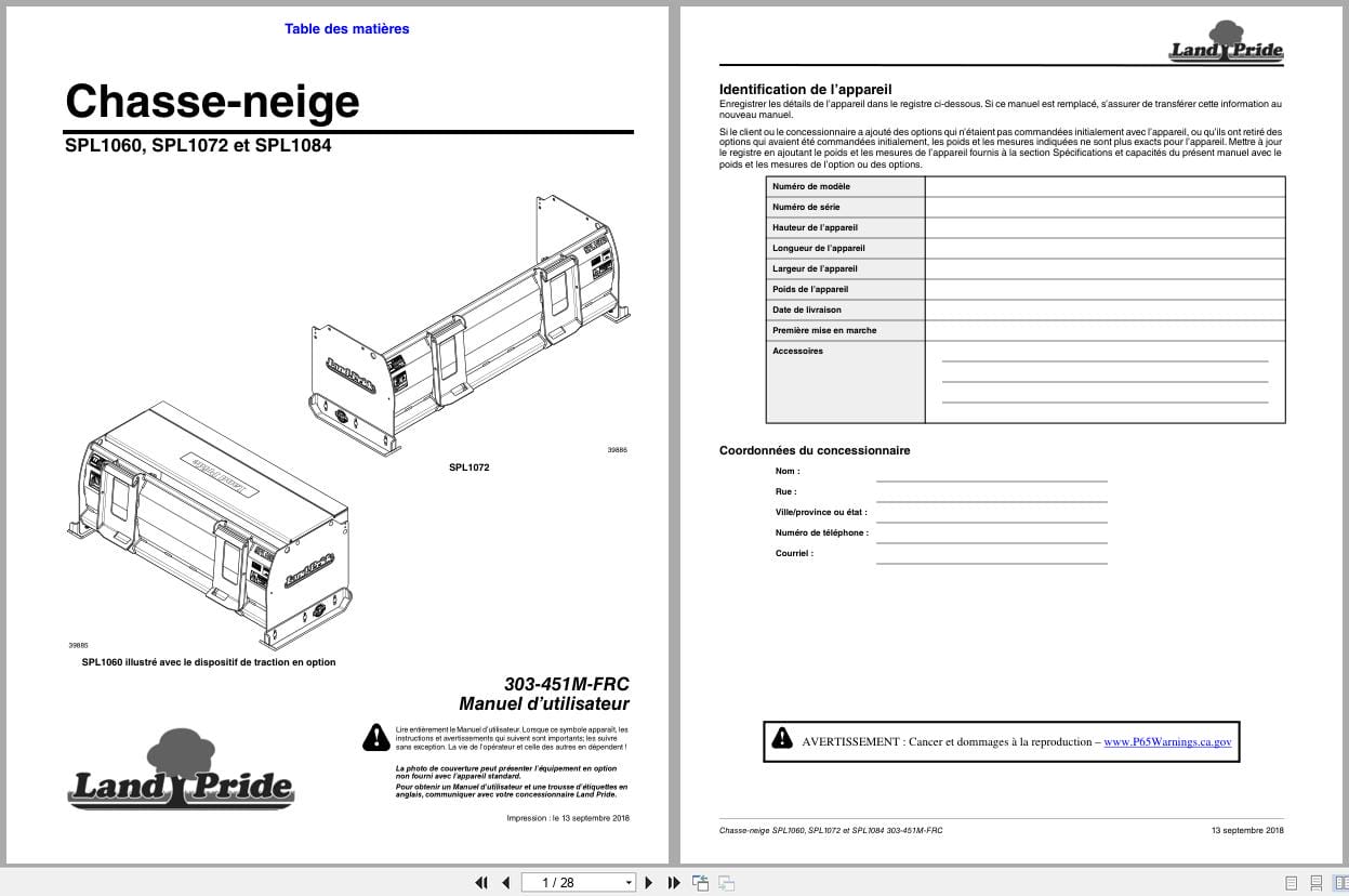 Land Pride Snow Pusher SPL1060 SPL1072 SPL1084 Operator Manual 303 451M FRC FR (1)