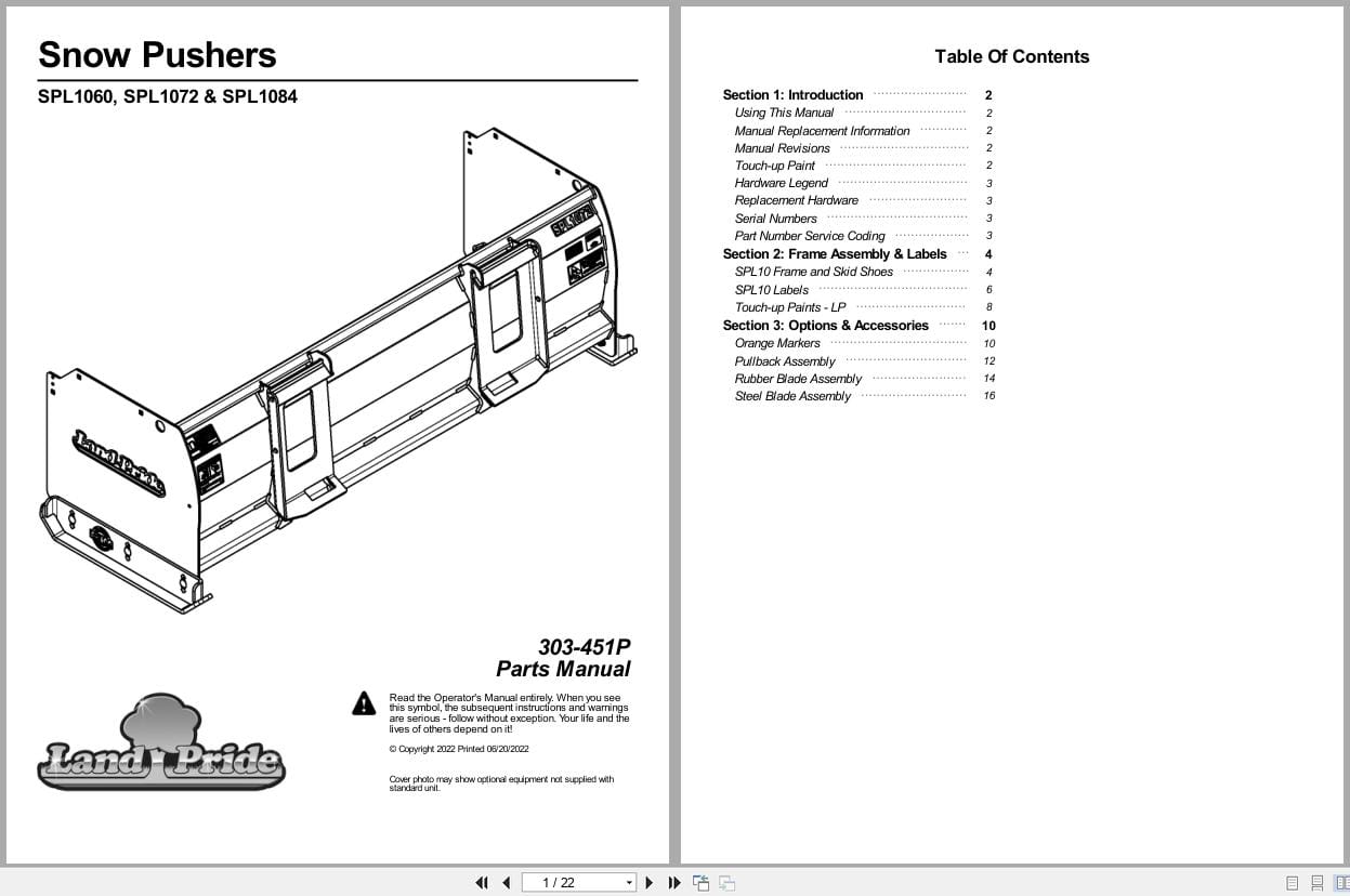 Land Pride Snow Pusher SPL1060 SPL1072 SPL1084 Parts Manual 303 451P (1)