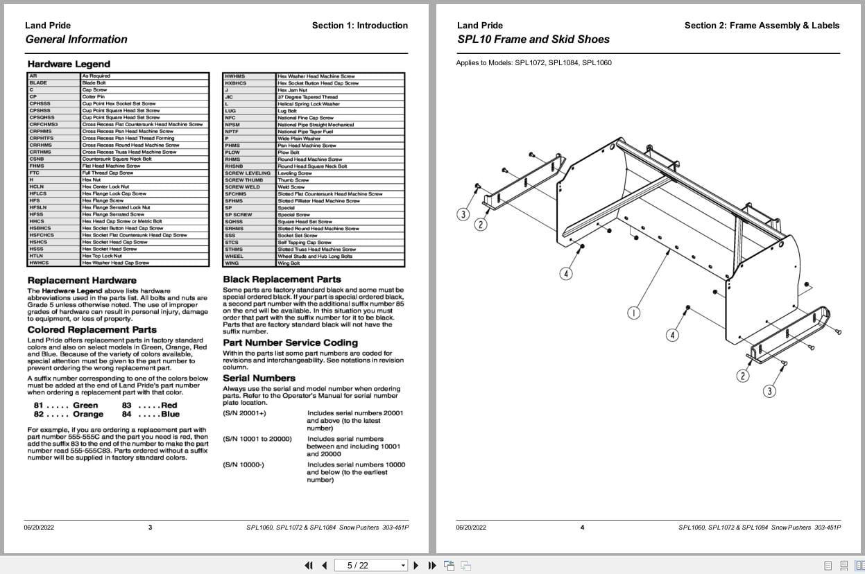Land Pride Snow Pusher SPL1060 SPL1072 SPL1084 Parts Manual 303 451P (2)