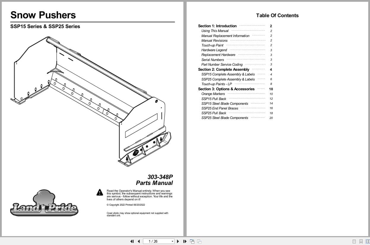 Land Pride Snow Pusher SSP15 SSP25 Series Parts Manual 303 348P (1)