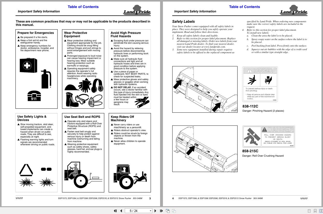Land Pride Snow Pusher SSP1572 SSP1584 SSP1596 SSP2596 SSP2510 SSP2512 Operation Manual 303 348M (2)