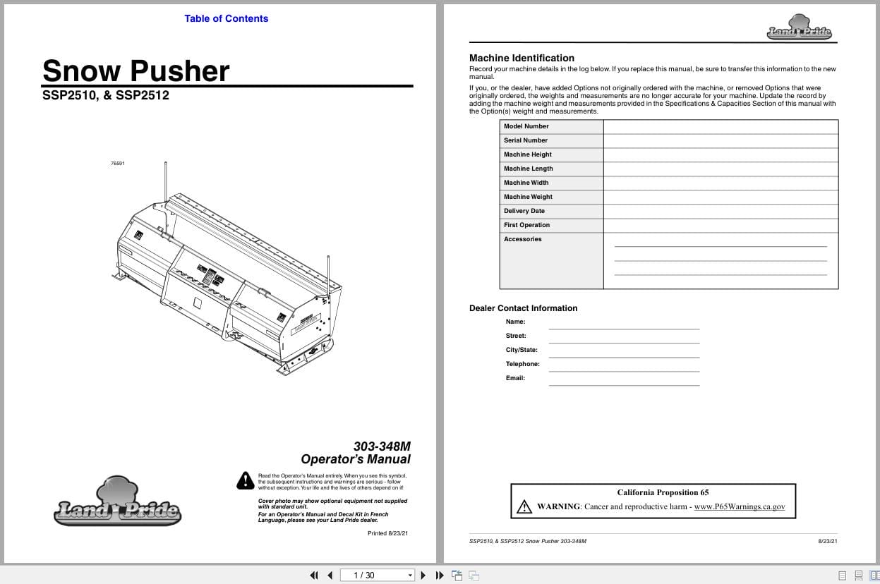 Land Pride Snow Pusher SSP2510 SSP2512 Operation Manual 303 348M (1)