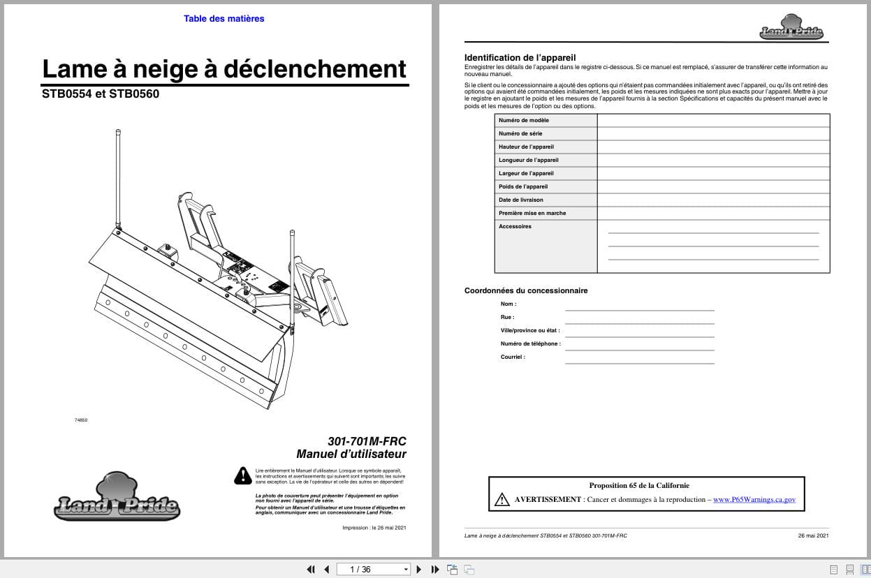 Land Pride Snow Trip Blade STB0554 STB0560 Operator Manual 301 701M FRC FR (1)