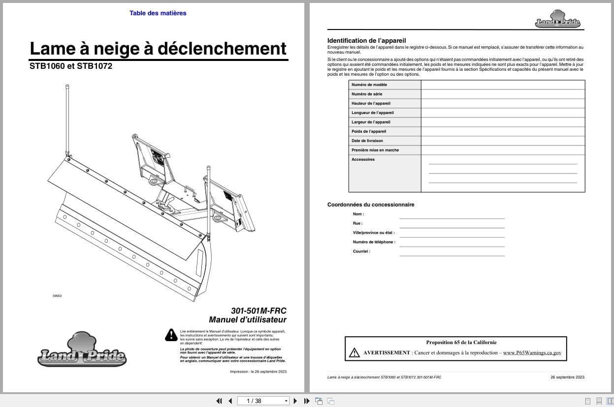 Land Pride Snow Trip Blade STB1060 STB1072 Operator Manual 301 501M FRC FR (1)