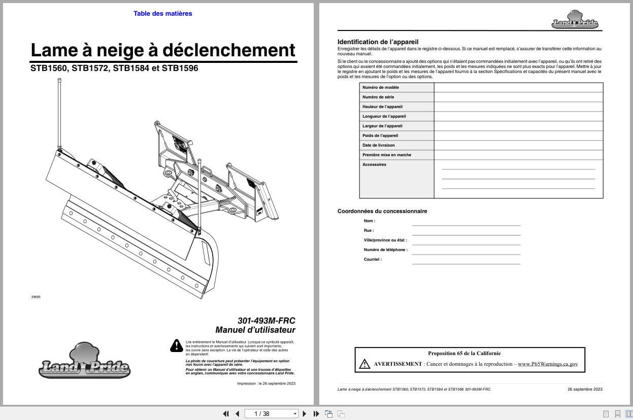 Land Pride Snow Trip Blade STB1560 STB1572 STB1584 STB1596 Operator Manual 301 493M FRC FR (1)