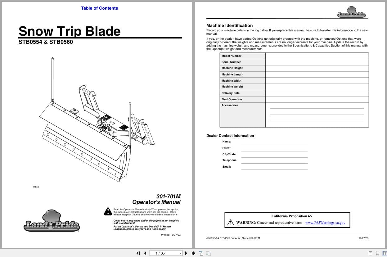 Land Pride Snow Trip Blades STB0554 STB0560 Operation Manual 301 701M (1)