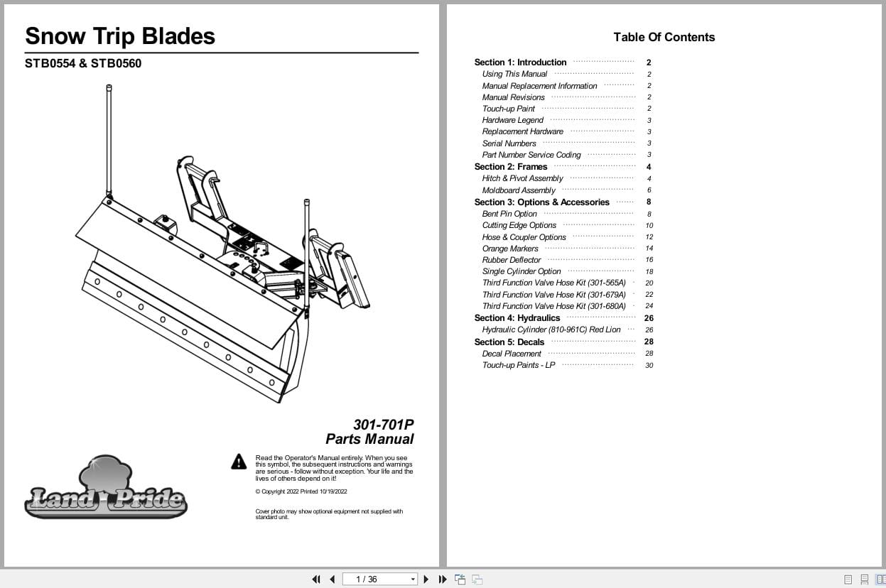 Land Pride Snow Trip Blades STB0554 STB0560 Parts Manual 301 701P (1)