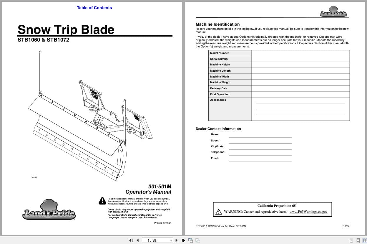 Land Pride Snow Trip Blades STB1060 STB1072 Operation Manual 301 501M (1)